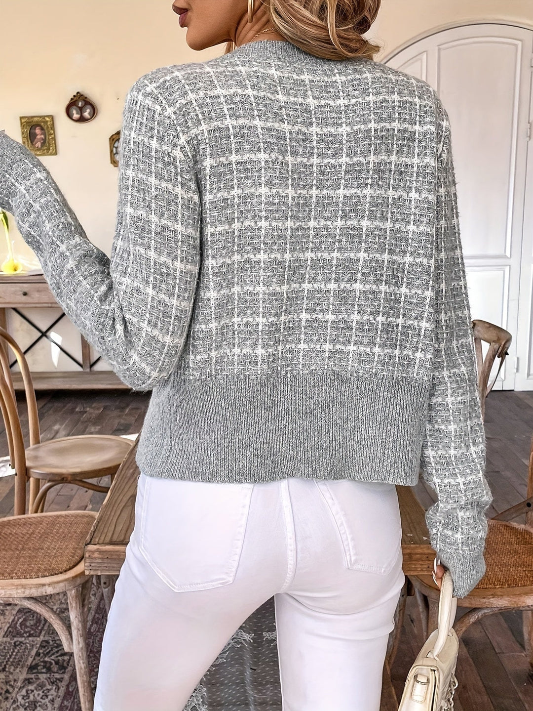 Women's Knit Cardigan – Houndstooth Knit Gold Buttons And Chest Pockets
