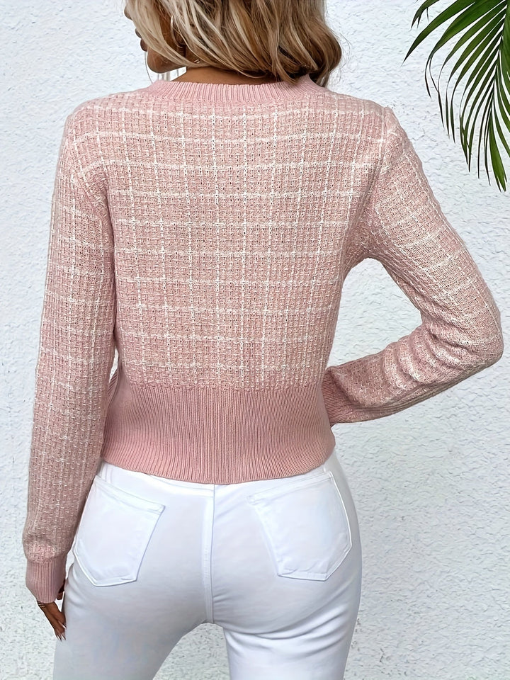 Women's Knit Cardigan – Houndstooth Knit Gold Buttons And Chest Pockets