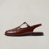 Women's Woven Leather Slingback Sandals - Flat Buckle T-Bar Loafer Sandals in Brown | Invictora.com