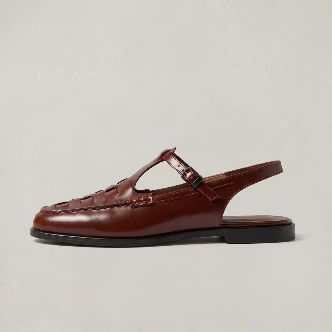 Women's Woven Leather Slingback Sandals - Flat Buckle T-Bar Loafer Sandals in Brown | Invictora.com