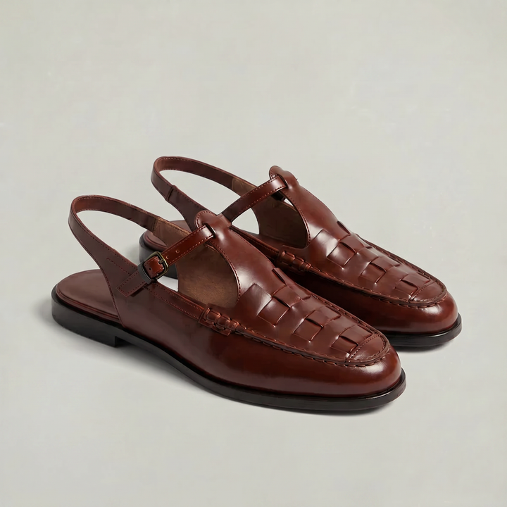 Women's Woven Leather Slingback Sandals - Flat Buckle T-Bar Loafer Sandals in Brown | Invictora.com