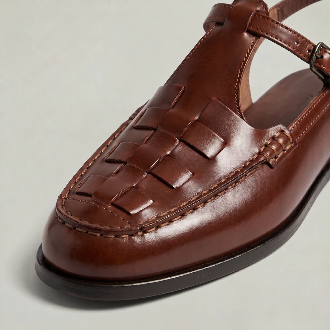 Women's Woven Leather Slingback Sandals - Flat Buckle T-Bar Loafer Sandals in Brown | Invictora.com