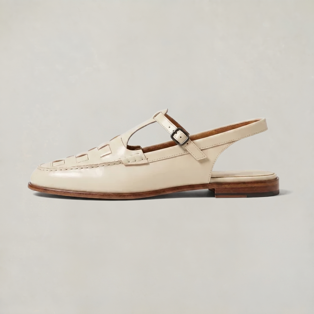 Women's Woven Leather Slingback Sandals - Flat Buckle T-Bar Loafer Sandals in Brown | Invictora.com