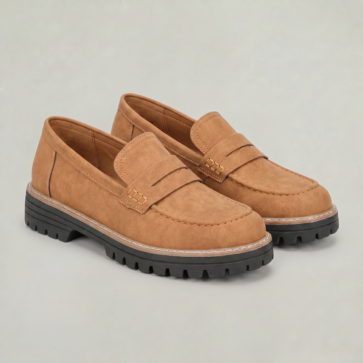 Women's Suede Platform Slip-On Penny Loafers in Brown | Invictora.com