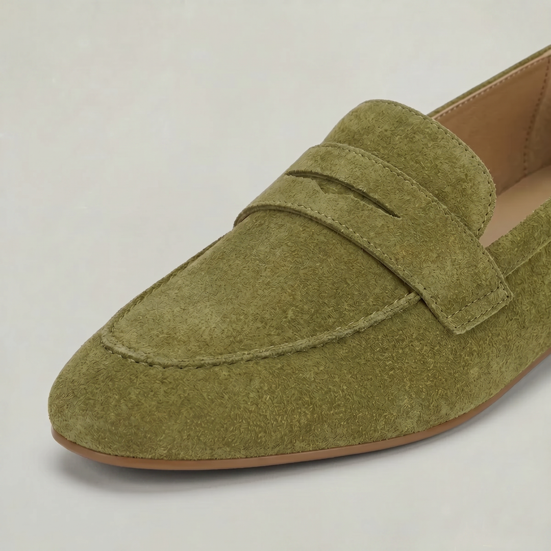 Women's Suede Slip-On Penny Loafers in Green | Invictora.com
