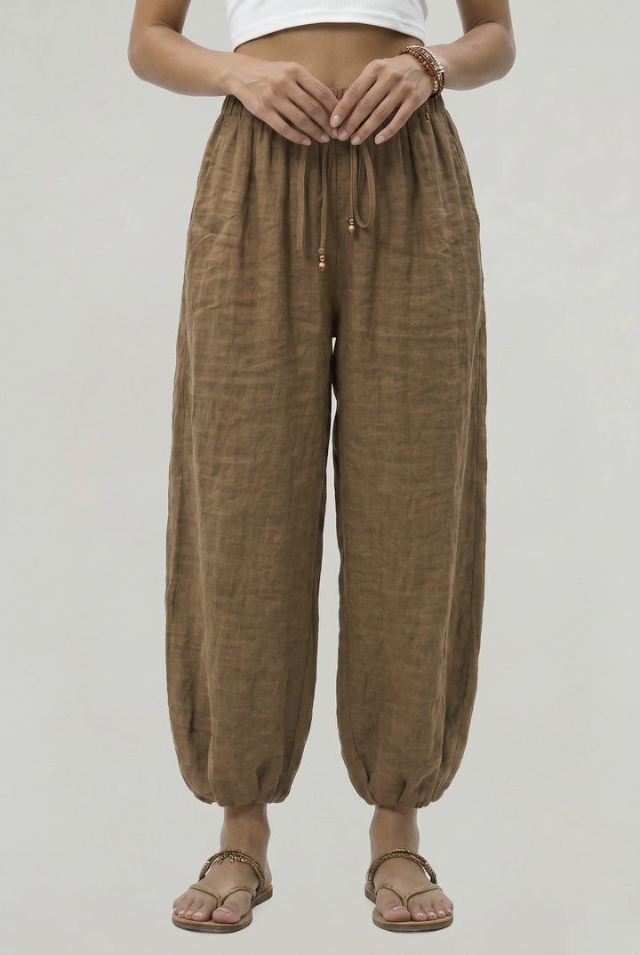 Women's Wide Leg Linen Trousers in Brown | Invictora.com