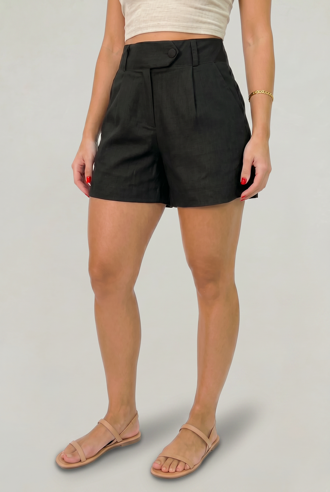 Women's High Waist Linen Shorts in Beige | Invictora.com