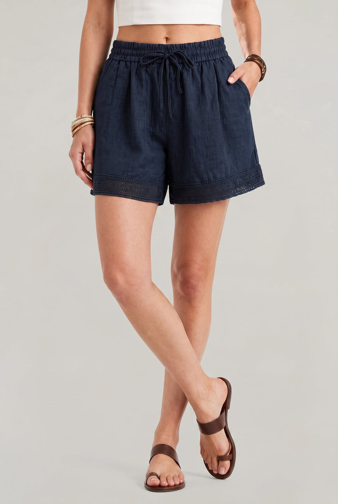 Women's Linen Lace Trim Drawstring Elastic Waist Shorts product image | Invictora.com