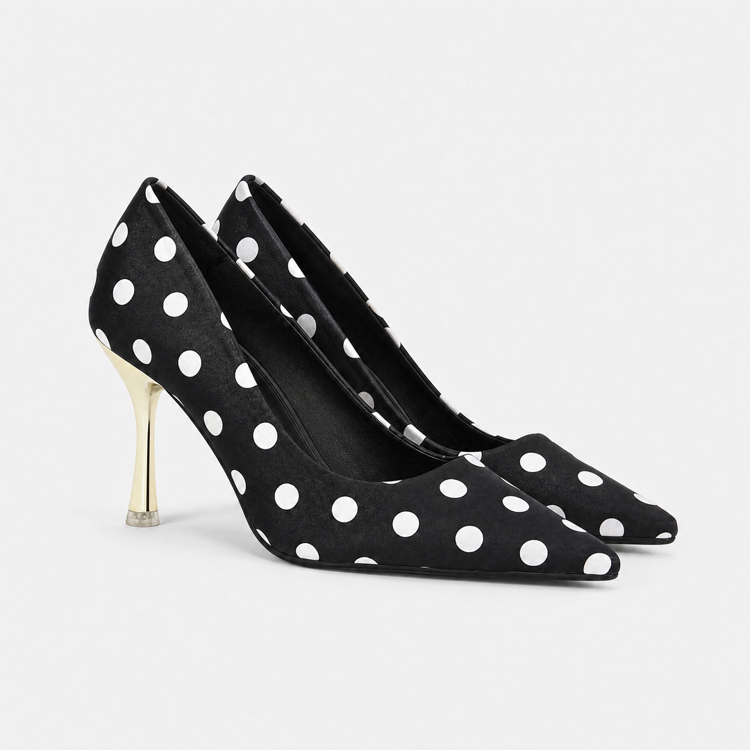 Women's Polka Dot Pointed Toe Stiletto Heels – Formal Court Shoes for Weddings in Black | Invictora.com