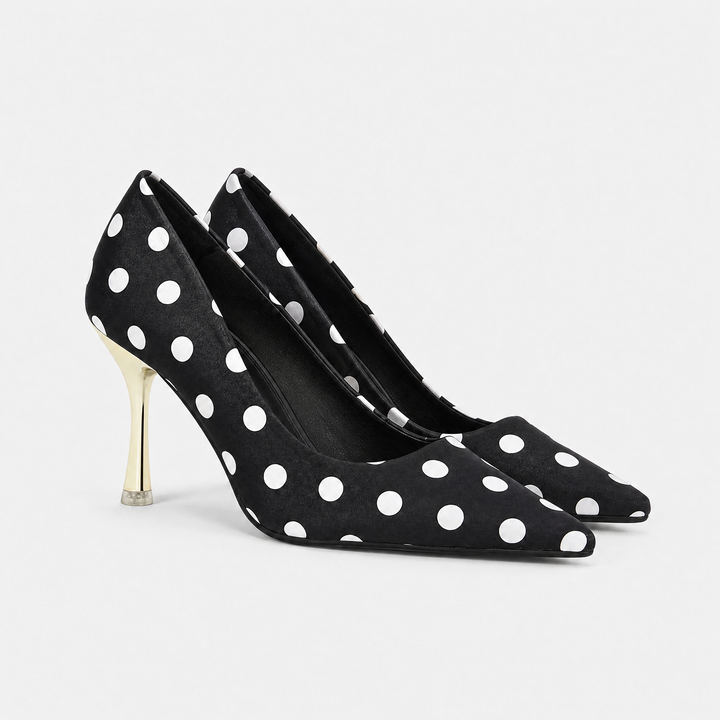 Women's Polka Dot Pointed Toe Stiletto Heels – Formal Court Shoes for Weddings in Black | Invictora.com