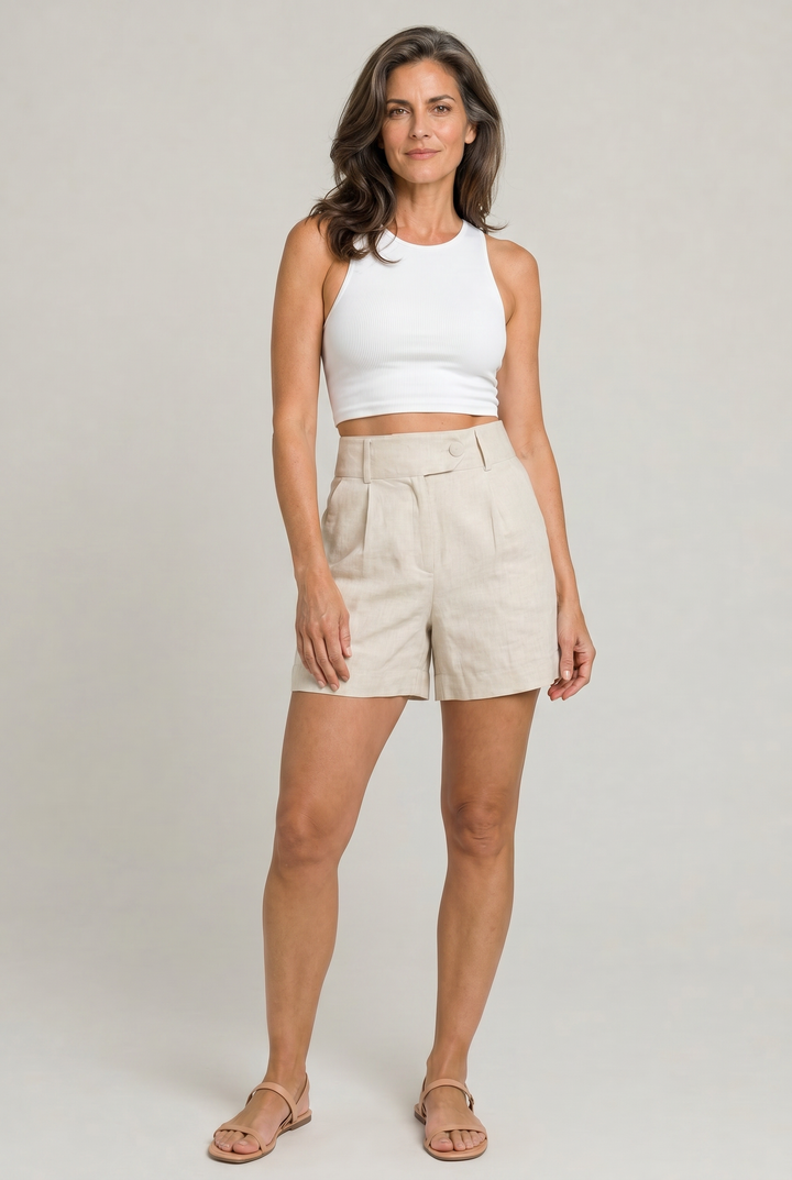 Women's High Waist Linen Shorts in Beige | Invictora.com