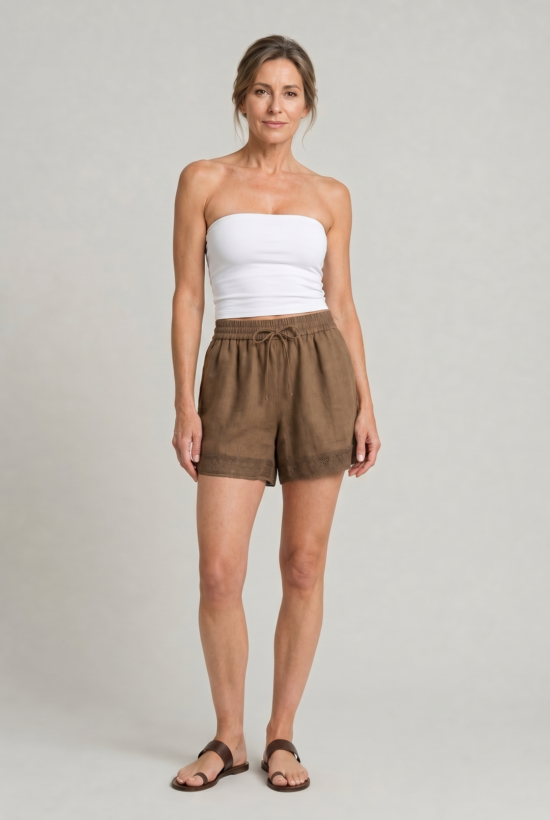 Women's Linen Lace Trim Drawstring Elastic Waist Shorts product image | Invictora.com