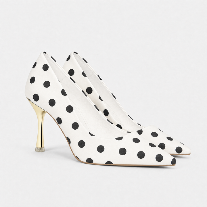 Women's Polka Dot Pointed Toe Stiletto Heels – Formal Court Shoes for Weddings in Black | Invictora.com