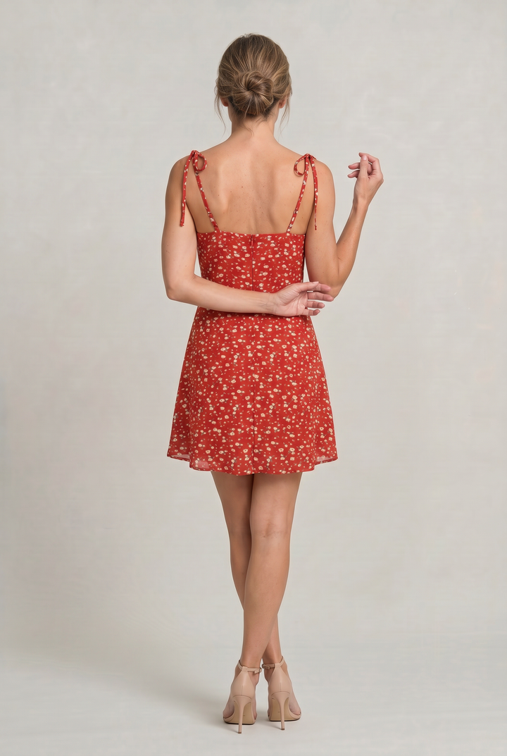 Women's Floral Print Tie Strap Mini Dress in Red | Invictora.com