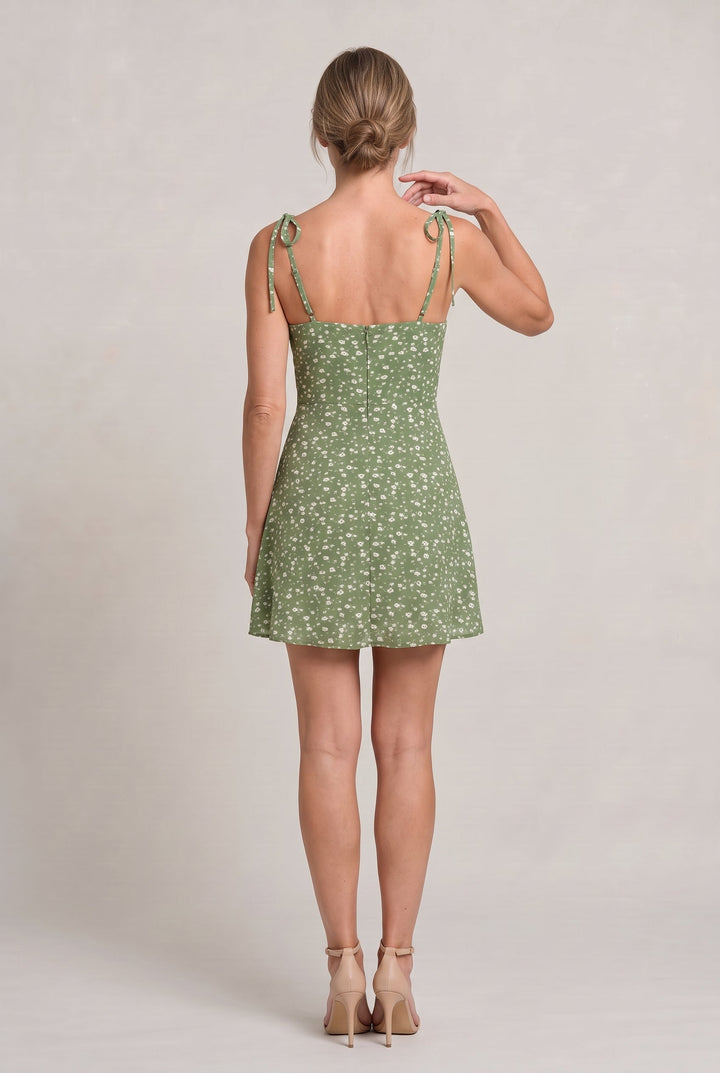 Women's Floral Print Tie Strap Mini Dress in Green | Invictora.com