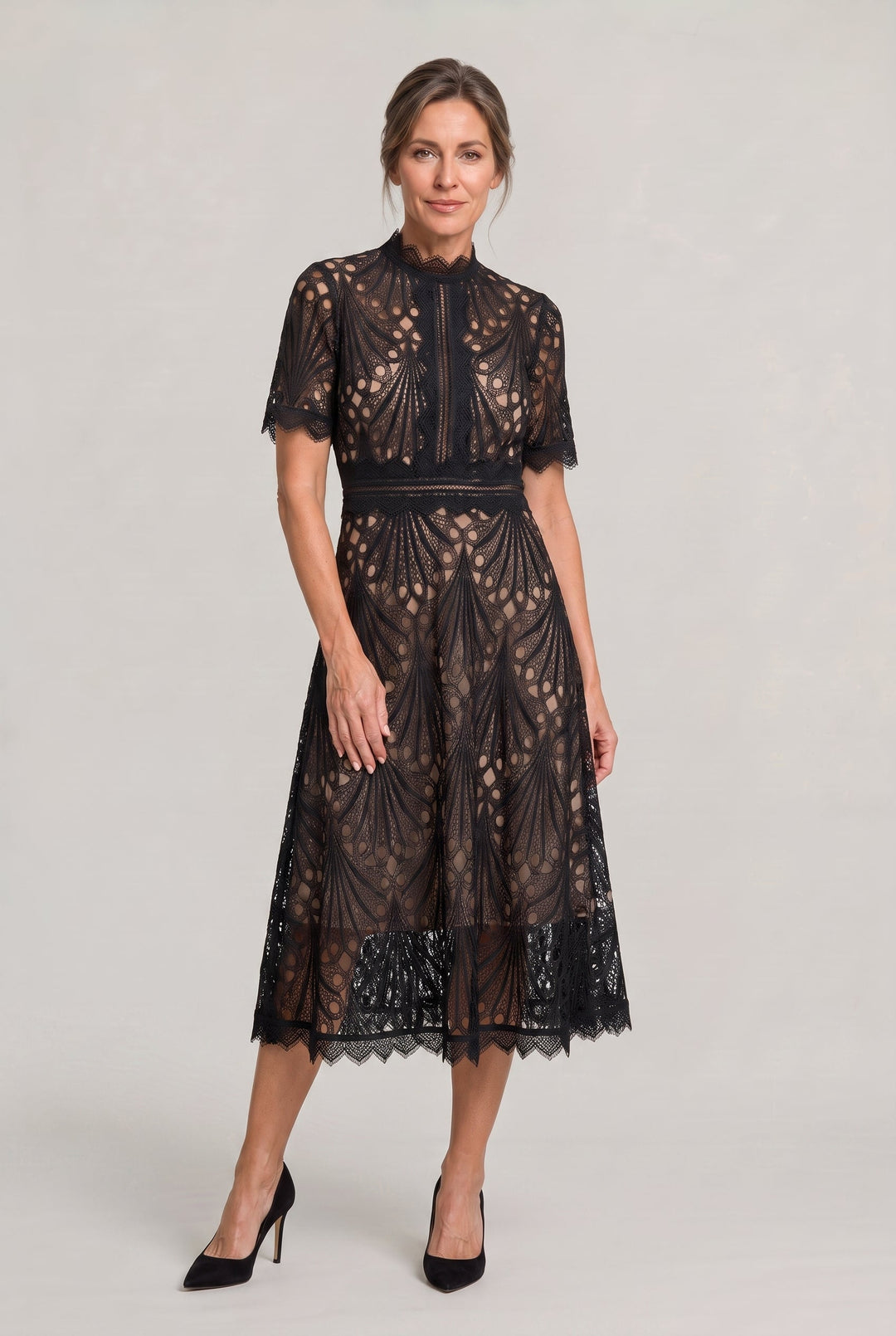 Women's Elegant Lace Midi Dress – High Neck Silhouette with Refined Cutwork Detail in Black | Invictora.com