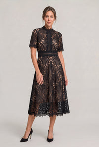 Women's Elegant Lace Midi Dress – High Neck Silhouette with Refined Cutwork Detail