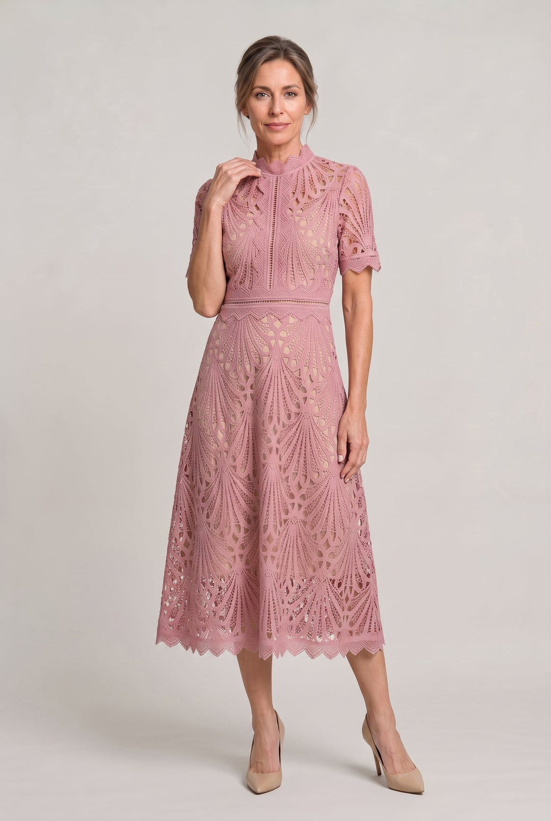 Women's Elegant Lace Midi Dress - High Neck Silhouette with Refined Cutwork Detail product image | Invictora.com