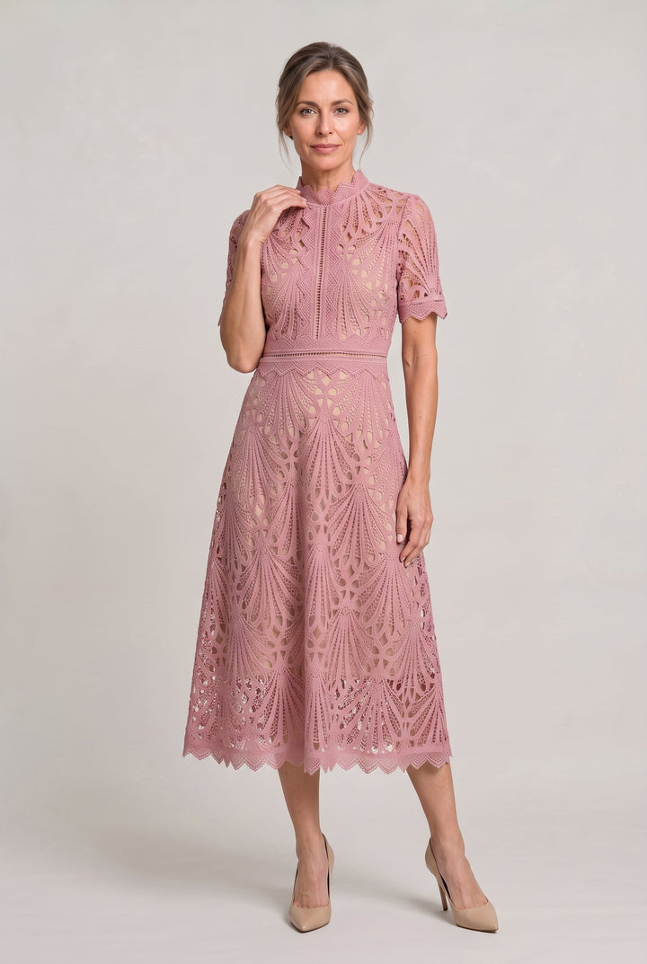 Women's Elegant Lace Midi Dress - High Neck Silhouette with Refined Cutwork Detail product image | Invictora.com
