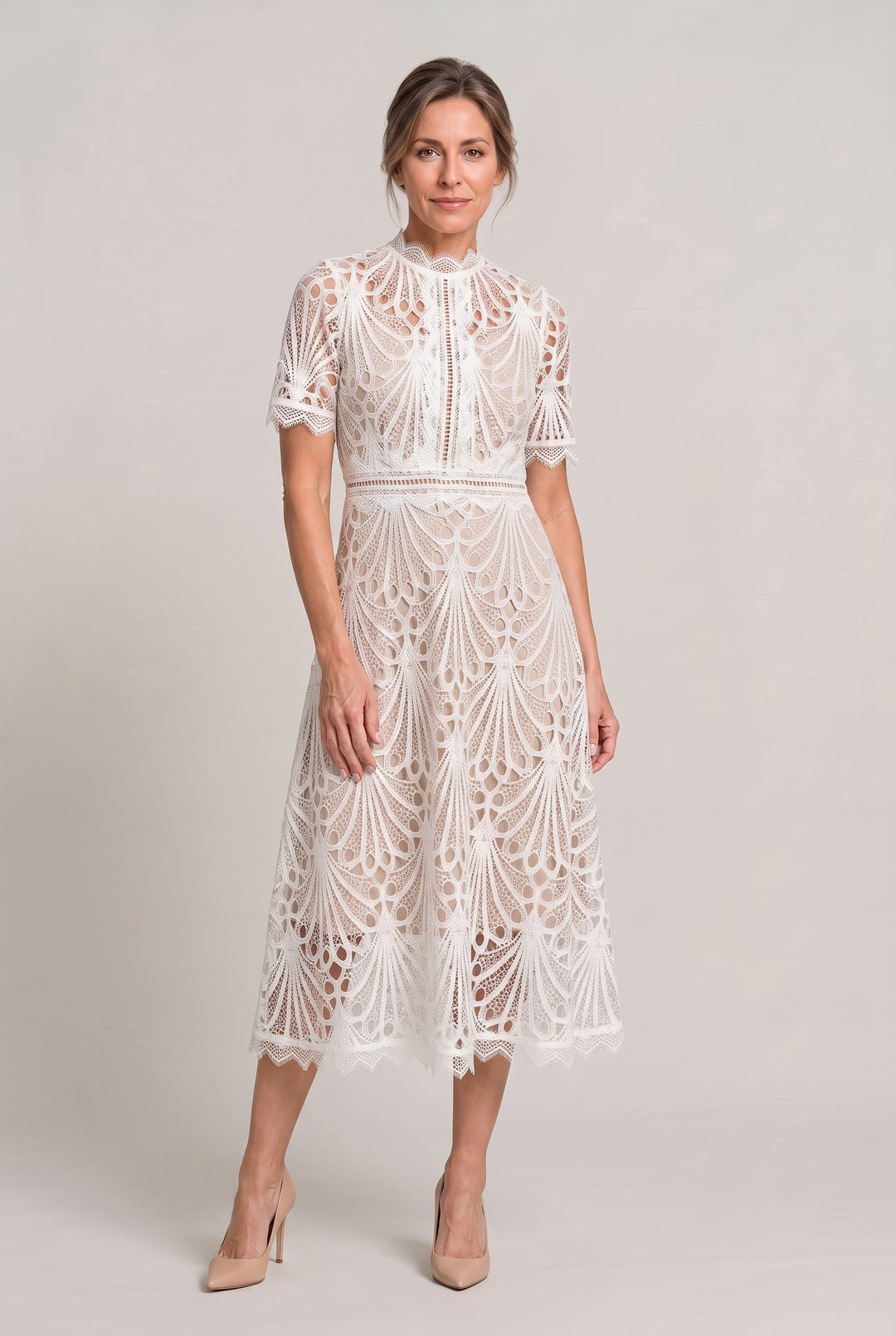 Women's Elegant Lace Midi Dress – High Neck Silhouette with Refined Cutwork Detail in Pink | Invictora.com