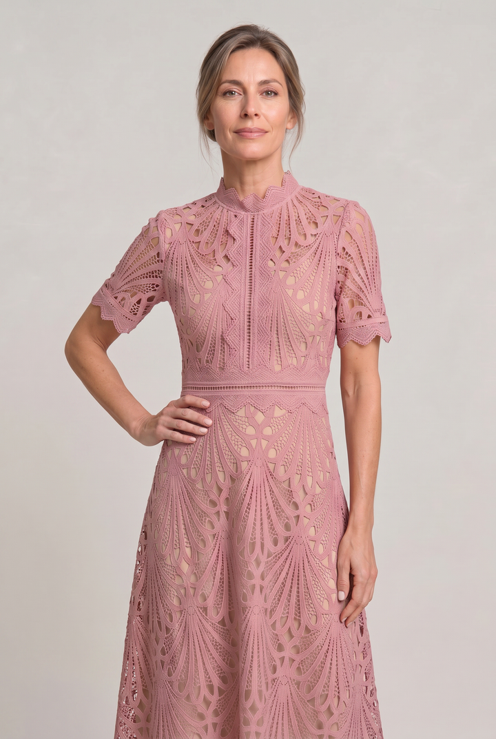 Women's Elegant Lace Midi Dress - High Neck Silhouette with Refined Cutwork Detail product image | Invictora.com