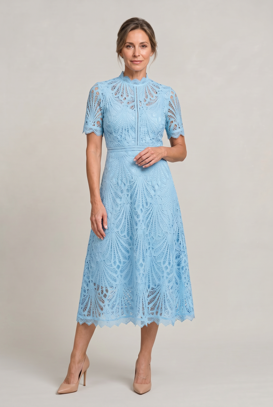 Women's Elegant Lace Midi Dress - High Neck Silhouette with Refined Cutwork Detail product image | Invictora.com
