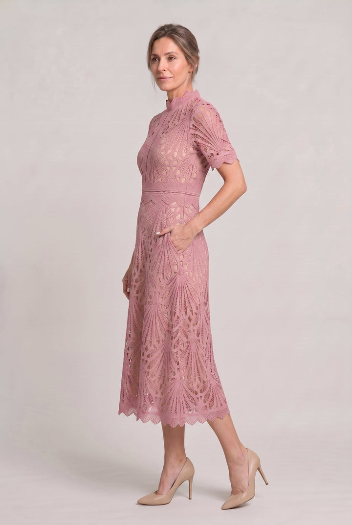 Women's Elegant Lace Midi Dress – High Neck Silhouette with Refined Cutwork Detail in Pink | Invictora.com