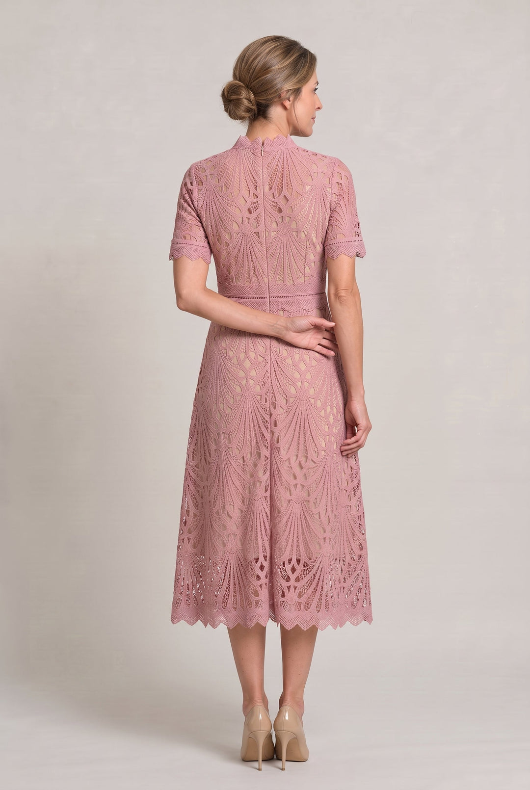 Women's Elegant Lace Midi Dress - High Neck Silhouette with Refined Cutwork Detail product image | Invictora.com