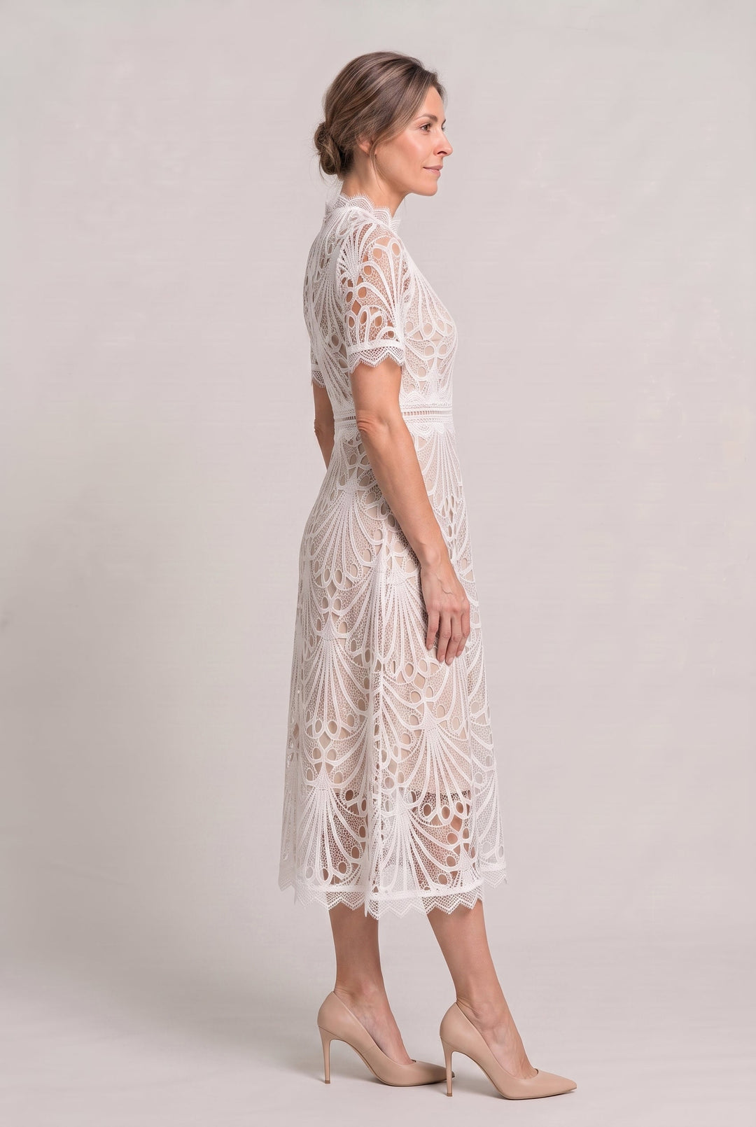 Women's Elegant Lace Midi Dress - High Neck Silhouette with Refined Cutwork Detail product image | Invictora.com