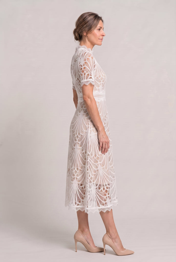 Women's Elegant Lace Midi Dress – High Neck Silhouette with Refined Cutwork Detail | Invictora.com