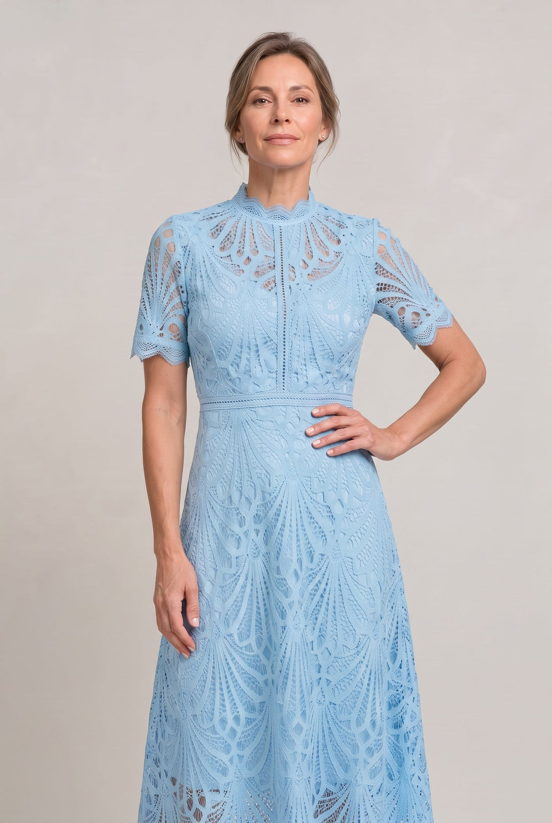 Women's Elegant Lace Midi Dress – High Neck Silhouette with Refined Cutwork Detail in White | Invictora.com