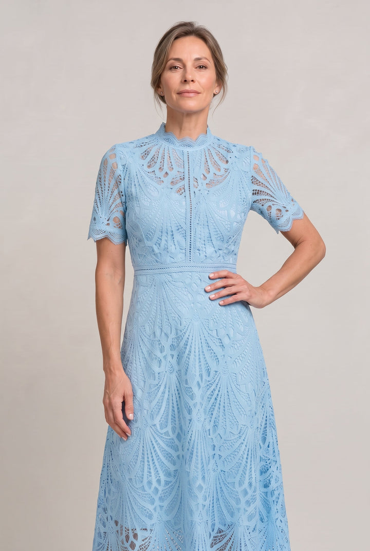 Women's Elegant Lace Midi Dress – High Neck Silhouette with Refined Cutwork Detail in White | Invictora.com