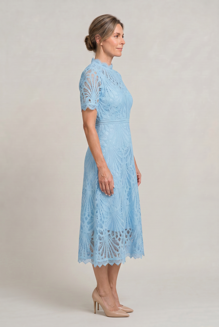 Women's Elegant Lace Midi Dress - High Neck Silhouette with Refined Cutwork Detail product image | Invictora.com