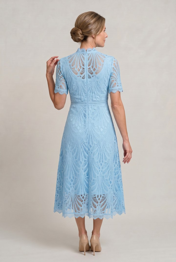 Women's Elegant Lace Midi Dress - High Neck Silhouette with Refined Cutwork Detail product image | Invictora.com