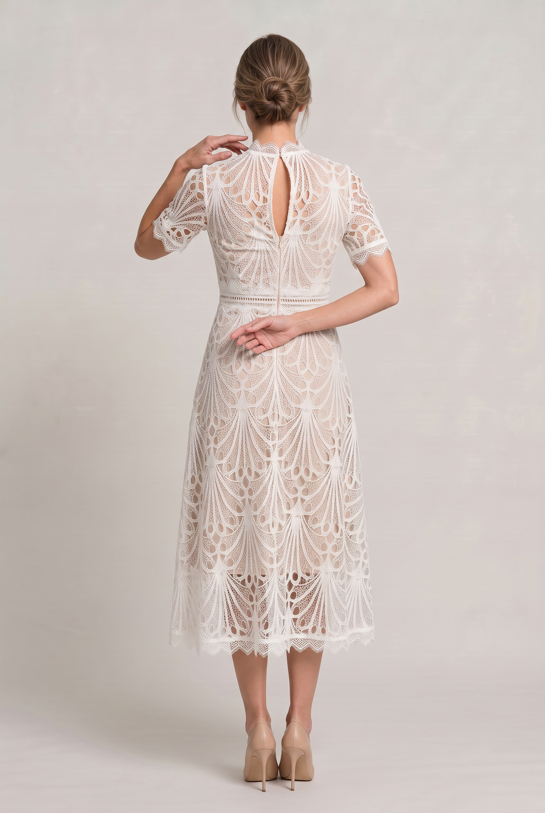 Women's Elegant Lace Midi Dress - High Neck Silhouette with Refined Cutwork Detail product image | Invictora.com