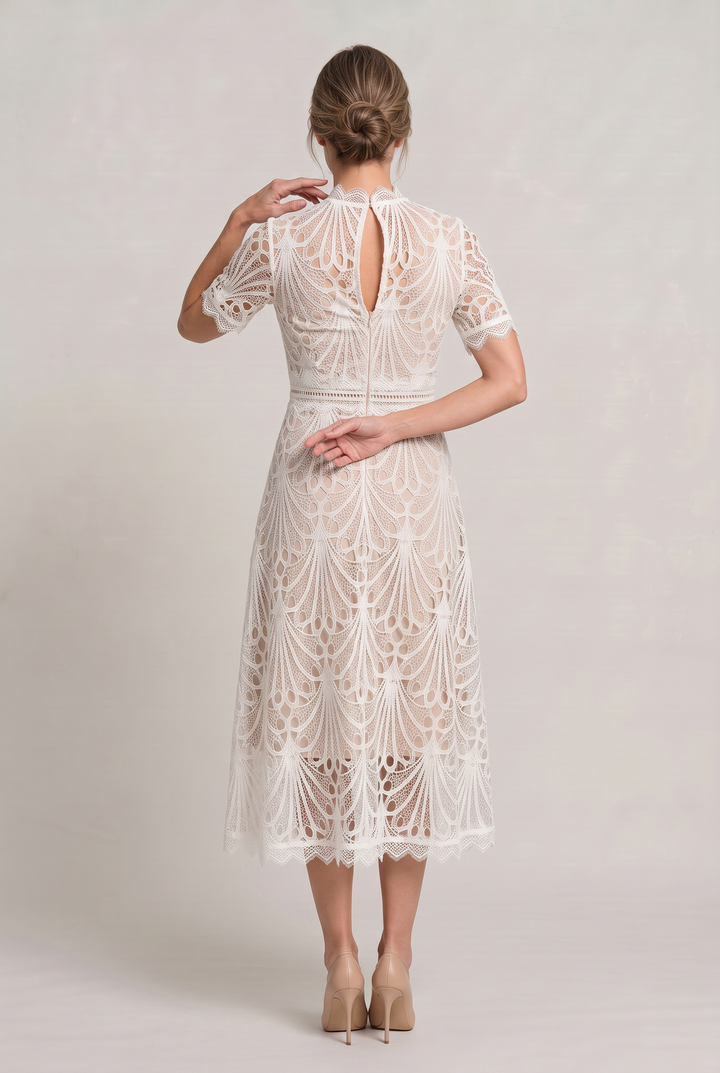 Women's Elegant Lace Midi Dress - High Neck Silhouette with Refined Cutwork Detail product image | Invictora.com