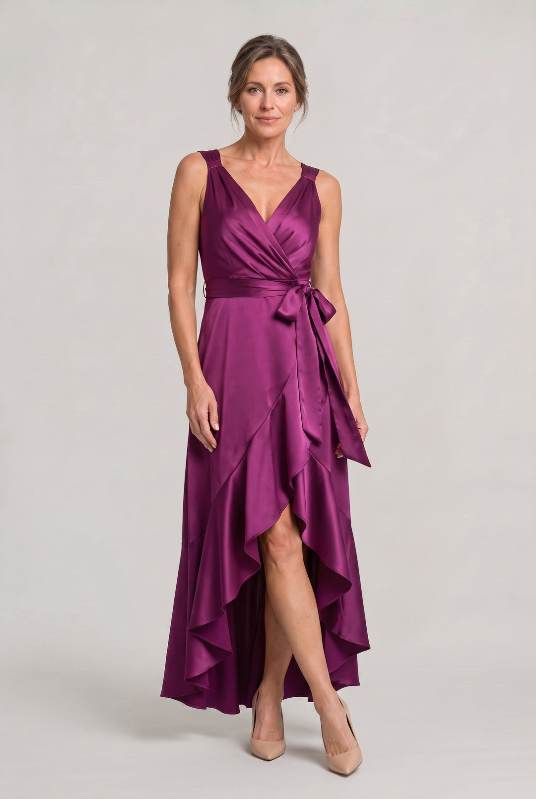 Women's Elegant Sleeveless Wrap Midi Dress in Red Wine | Invictora.com