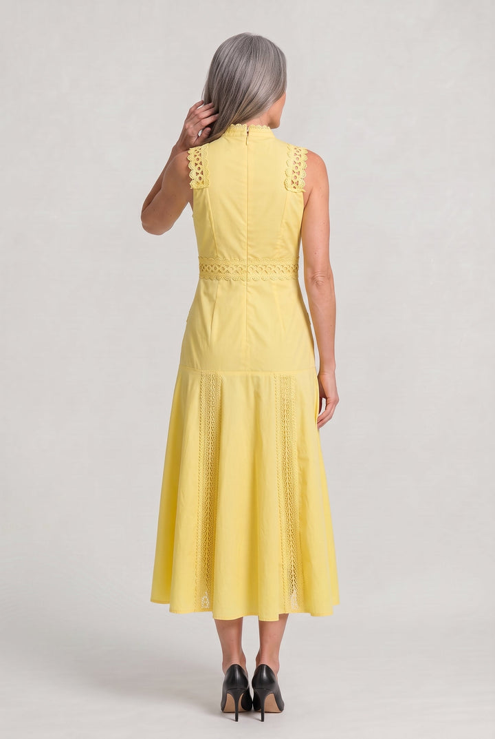 Women's Sleeveless Lace Panel Midi Dress in Yellow | Invictora.com