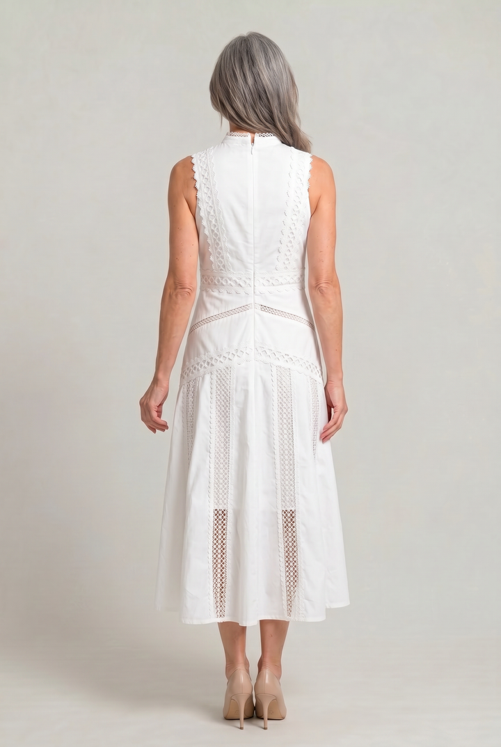 Women's Sleeveless Lace Panel Midi Dress in White | Invictora.com