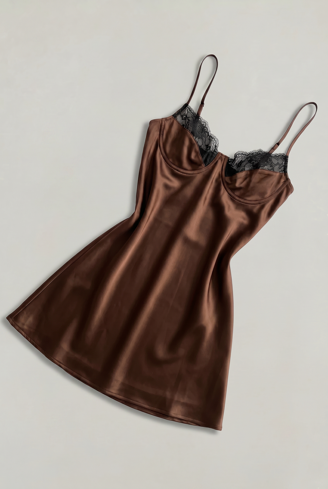 Women's Lace Slip Satin Mini Dress in Brown | Invictora.com