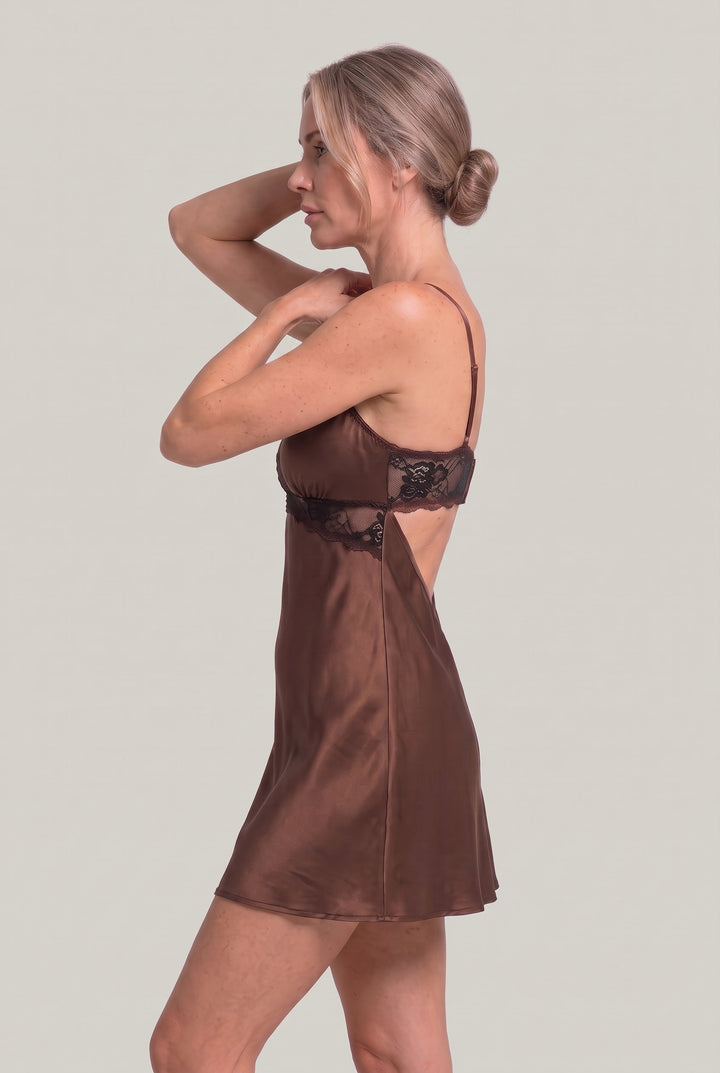 Women's Lace Slip Satin Mini Dress in Brown | Invictora.com