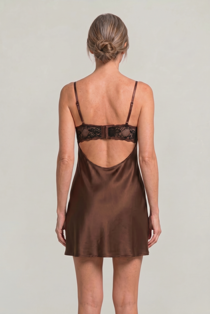 Women's Lace Slip Satin Mini Dress in Brown | Invictora.com