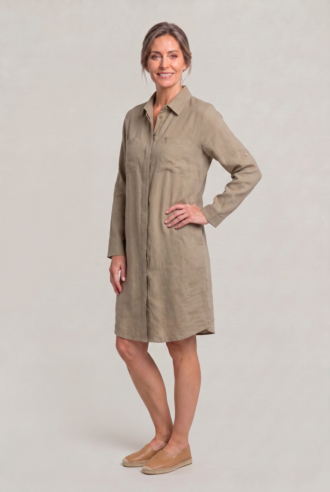 Women's Oversized Button Down Linen Shirt Dress in Beige | Invictora.com