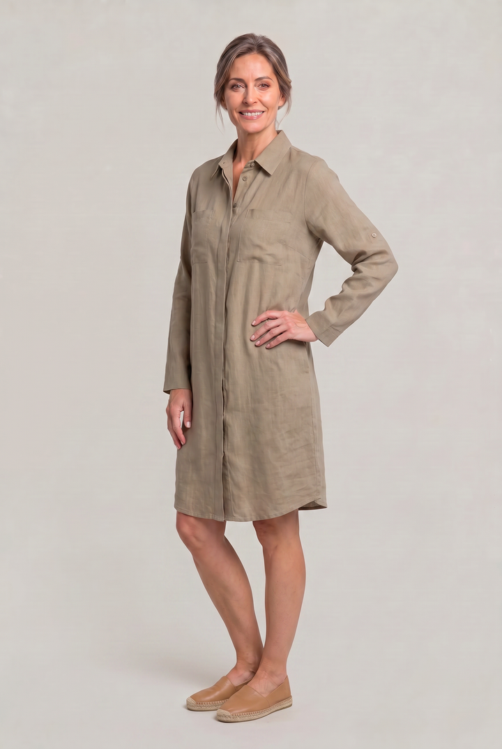 Women's Oversized Button Down Linen Shirt Dress in Beige | Invictora.com