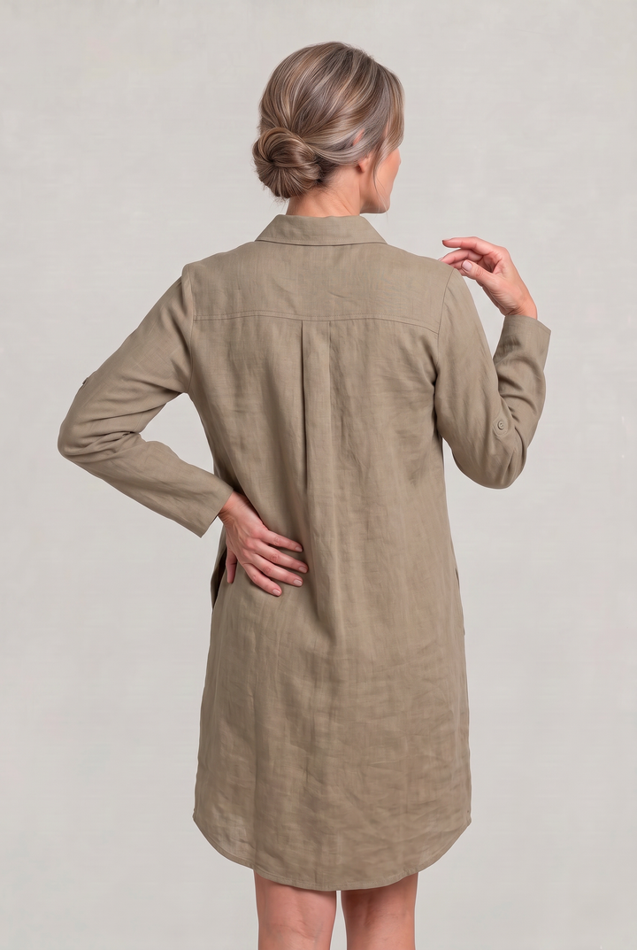 Women's Oversized Button Down Linen Shirt Dress in Beige | Invictora.com