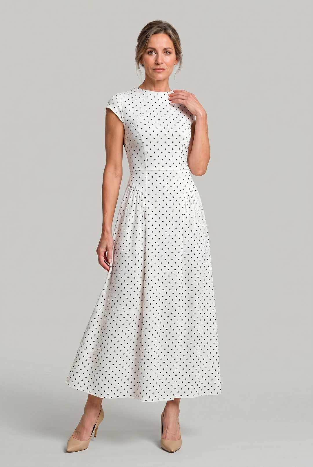 Women's Polka Dot Maxi Dress with Round Neck and A Line Silhouette product image | Invictora.com
