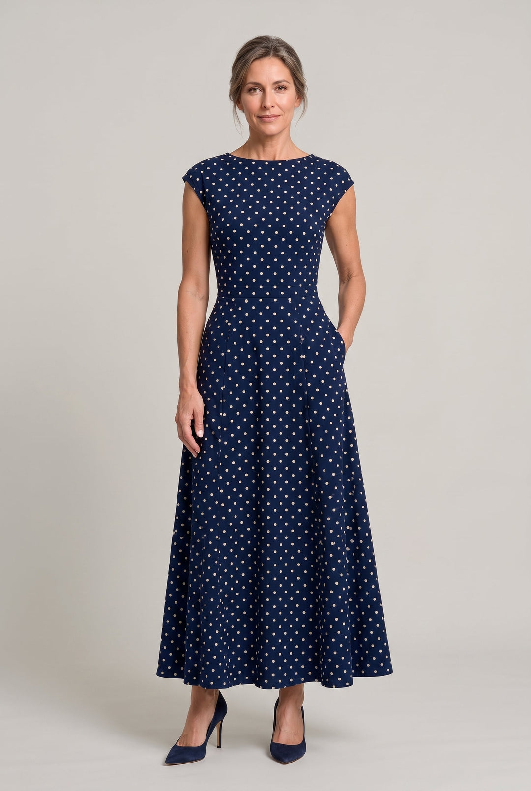Women's Polka Dot Maxi Dress - Cap Sleeve Waist Detail Summer Dress product image | Invictora.com