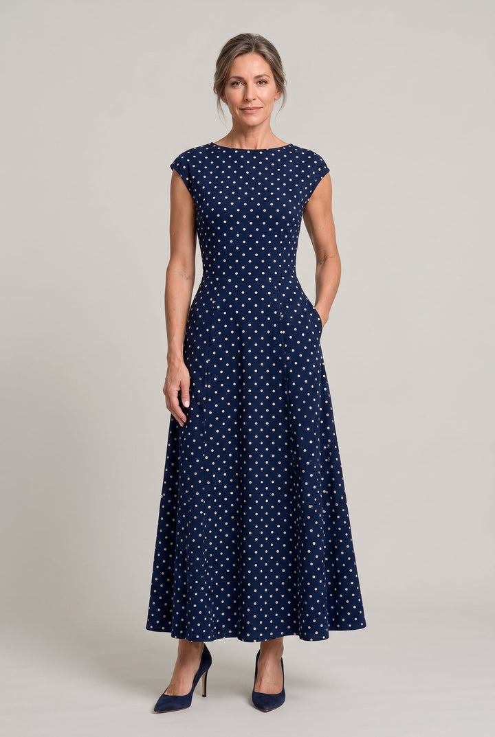 Women's Polka Dot Maxi Dress – Cap Sleeve Waist Detail Summer Dress in Dark Brown | Invictora.com