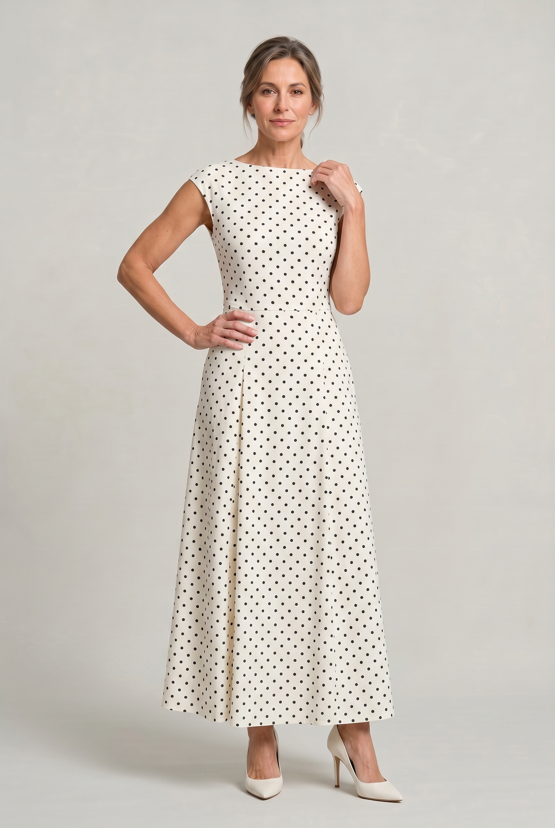 Women's Polka Dot Maxi Dress - Cap Sleeve Waist Detail Summer Dress product image | Invictora.com