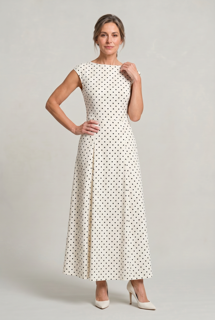 Women's Polka Dot Maxi Dress - Cap Sleeve Waist Detail Summer Dress product image | Invictora.com
